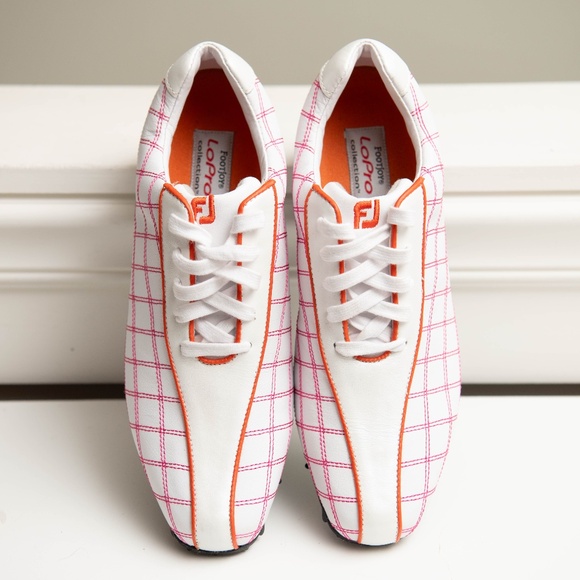 FootJoy LoPro Womens Golf Shoes with Spikes Sz 10 Pink and Orange Stitching - Picture 1 of 6